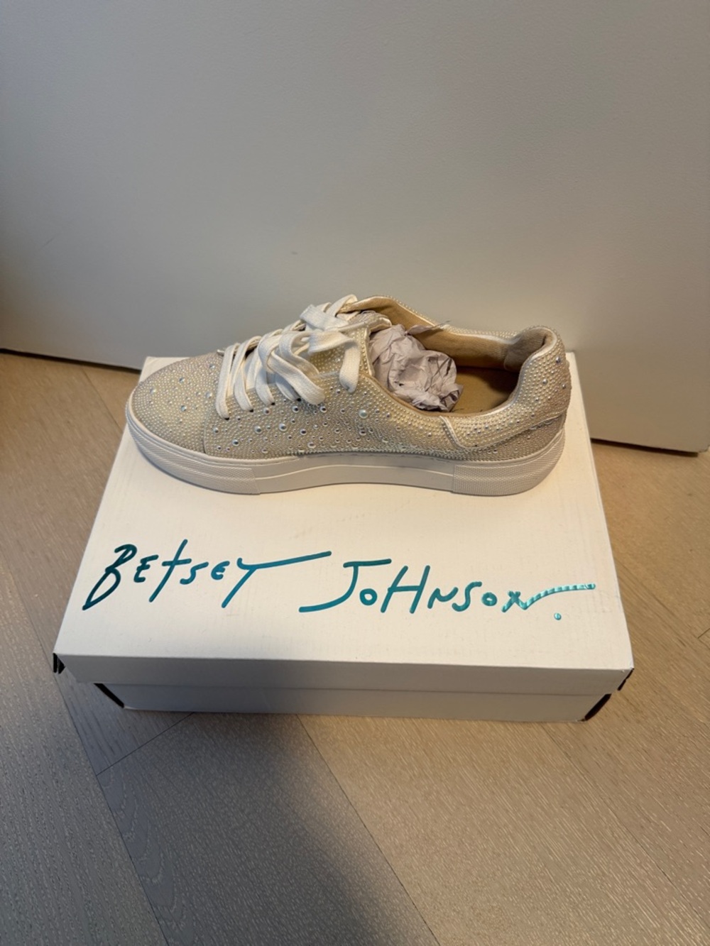 Betsey Johnson Ivory Rhinestone Embellished Low-Top Sneaker